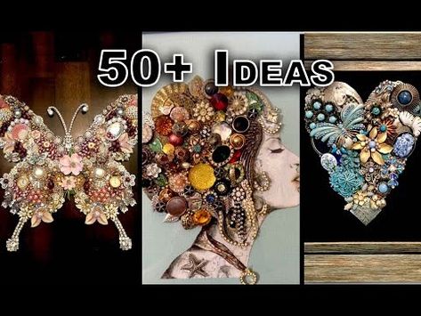 50+ IDEAS TO UPCYCLE YOUR OLD JEWELRY INTO ART | ep3 - YouTube How To Make A Picture Out Of Old Jewelry, How To Use Vintage Jewelry, Vintage Jewelry Art Antique, Upcycle Bangle Bracelets, Crafting With Costume Jewelry, Using Old Jewelry For Crafts, Old Earrings Repurpose, Repurpose Costume Jewelry Ideas, Diy Old Jewelry Projects Ideas