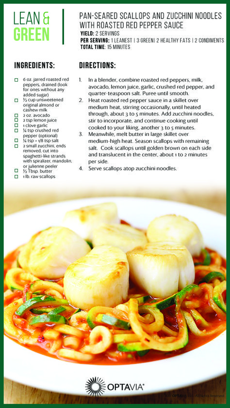 Pan Seared Scallops & Zucchini Noodles with Roasted Red Pepper Sauce Optavia 30, Zucchini Roasted, Fueling Hacks, Bay Scallops, Medifast Recipes, Lean Protein Meals, Optavia Recipes, Roasted Red Pepper Sauce, Pan Seared Scallops