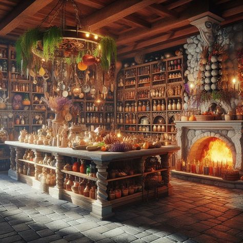 Fantasy Kitchen Concept Art, Witch Shop Aesthetic, River Witch, Witch House Interior, Taverna Medieval, Fantasy Kitchen, Hearth Witch, Magical Library, Story Maps