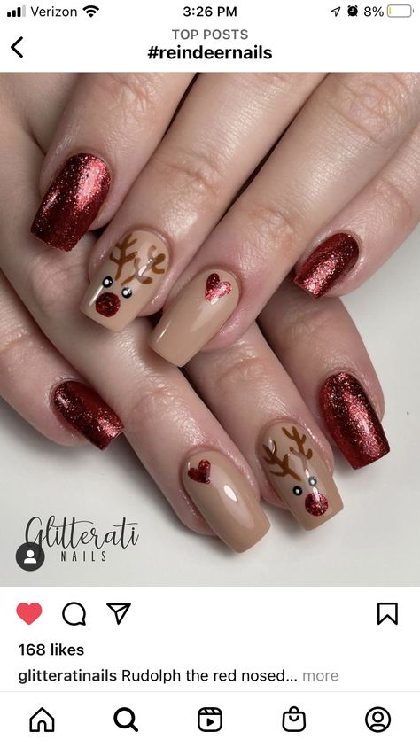 Christmas Nails Rain Deer Simple, Christmas Nails Reindeer Red Nose, Christmas Nails Rudolph Red Nose, Chocolate Christmas Nails, Christmas Nails Rain Deer, Deer Christmas Nails, Christmas Nails Rudolph, Rudolf Nails, Reindeer Christmas Nails