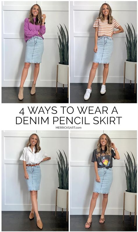 4 Cute Denim Skirt Outfit Ideas | Merrick's Art Denim Pencil Skirt Outfit Winter, Denim Pencil Skirt Outfit Summer, How To Style Denim Skirt, Jean Skirts Outfit, Denim Skirt Summer Outfit, Summer Denim Skirt Outfit, Fall Denim Skirt Outfits, Denim Pencil Skirt Outfit, Denim Dress Outfit Ideas