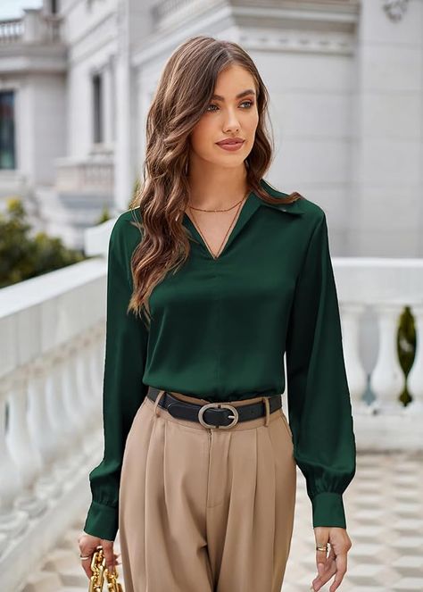 Satin Silk Tops for Women Business Casual Shirts Long Sleeve Office Blouses Slim Fit Apricot XL at Amazon Women’s Clothing store Satin Silk Top, Silk Tops For Women, Choker Necklace Wedding, Satin Blouse Outfit, Pearl Necklace And Earring Set, Dark Green Blouse, Bracelets Pearl, Drop Earrings Pearl, Gold Jewelry Set