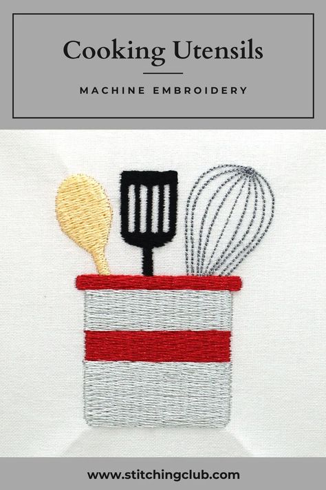 Cooking Utensils in a cup Machine Embroidery design. Great on kitchen aprons and towels. #machineembroidery #embroiderydesigns #kitchenembroidery #cookingembroidery Kitchen Apron Embroidery, Apron Embroidery Ideas, Cooking Embroidery, Apron Embroidery, Embroidery Kitchen Towels, Kitchen Embroidery Designs, Kitchen Pattern, Embroidery Kitchen, Simple Hand Embroidery Patterns