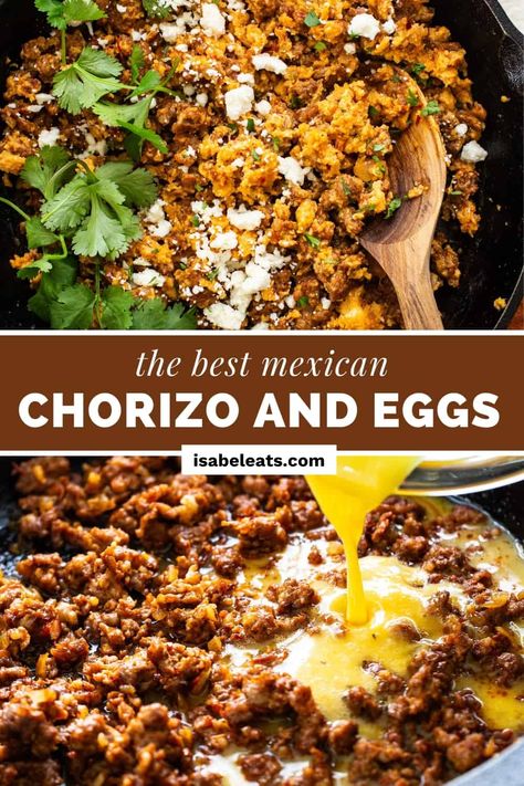 Authentic chorizo and eggs is a popular Mexican dish that's flavorful, easy, and quick to make! Serve with tortillas for the best breakfast. Mexican Chorizo Soup Recipes, Best Chorizo Recipes, Chorizo Burrito Recipes, Chorizo Egg Tacos, Chorizo Egg Recipes, Chirozo Breakfast Recipes, Chorizo Breakfast Enchiladas, Cacique Chorizo Recipes, Recipes With Chorizo Sausage Dinners