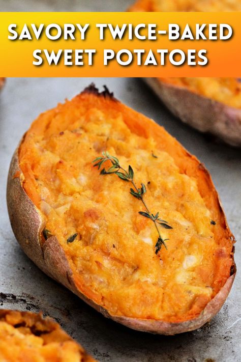 Twice Baked Sweet Potatoes Healthy, Bbq Stuffed Potatoes, Baked Sweet Potatoes In The Microwave, Bakes Sweet Potato Recipes, Twice Stuffed Sweet Potatoes, Loaded Baked Sweet Potato Oven, Savory Baked Sweet Potato, Double Baked Sweet Potatoes, Sweet Potato Twice Baked