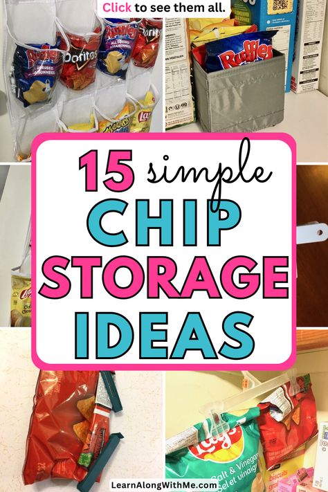 Here are some different ways you can store chip bags in your pantry, and even some ways to chip bags if you don't have a pantry.  Click to see the chip storage ideas and get organized tonight. Chip Pantry Storage, Pantry Organization Chip Bags, Pantry Chip Organization, Storing Snacks In Pantry, How To Organize Chips In Pantry, Organize Chips In Pantry, Chip Bag Storage Ideas, Crisps Storage Ideas, Chips Storage Ideas