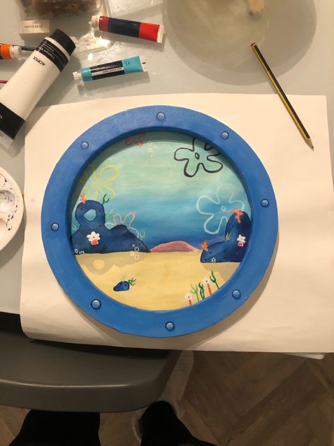 painting of the scenery from a porthole in spongebob Painting Spongebob Window, Sponge Bob Window Painting, Spongebob Mirror, Sponge Bob Window, Spongebob Window Painting, Spongebob Window, Spongebob Drawings, Spongebob Painting, سبونج بوب