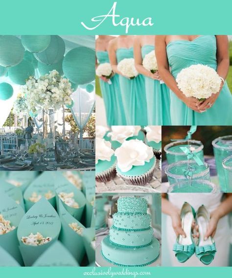 It might say beach. It might say Fifth Avenue. Either way, the aqua blue wedding (often paired with the most classic of supporting acts, like silver, pearls and creamy roses) is a feast for the imagination … and the eyes. How to Plan Your Own Aqua Blue Wedding Plenty of aqua brides stick to their ... Aqua Blue Wedding Theme, Aqua Wedding Colors, Aqua Bridesmaid Dresses, Bestie Wedding, Aqua Blue Wedding, Teal Wedding Colors, Wedding Mint, Best Wedding Colors, Tiffany Blue Wedding