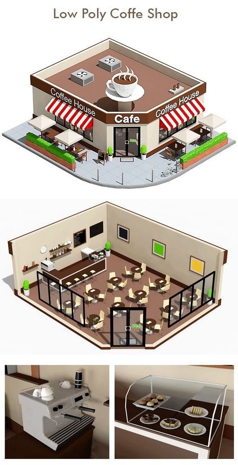 Coffee Shops Exterior Design, Coffee Shop Model Architecture, Coffee Shop Building Design, Coffee Shop Architecture Design, Sims 4 Coffee Shop Build, 3d Shop Design, Coffee Shop Chairs And Tables, Cafe Architecture Exterior, Architecture Coffee Shop