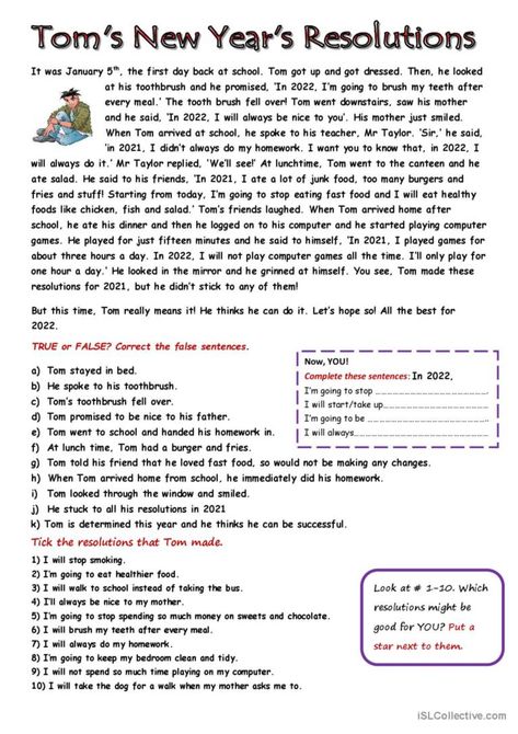 English Reading Comprehension Worksheet Year 7, Esl Reading Comprehension, Reading Comprehension Lessons, 6th Grade Reading, Future Tense, Reading Test, New Year's Resolution, Reading Comprehension Passages, Comprehension Passage