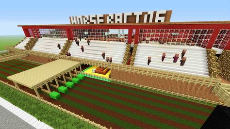 This Minecraft Horse Race Track is sure to inspire you! Click on the photo to see more pics and a video walkthrough. Horse Track Minecraft, Minecraft Horse Race Track, Minecraft Horse Track, Minecraft Race Track, Minecraft Horse Stables, Horse Race Track, Minecraft Horse, Minecraft Modern City, Modern Minecraft