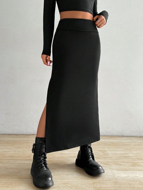 Black Casual Collar  Fabric Plain Pencil Embellished High Stretch  Women Clothing Long Split Skirt Outfit, Outfit Pollera Larga, Diy Long Skirt, Outfit Pollera, Split Skirt Outfit, Rock Outfit, Rock Outfits, Langer Rock, Split Skirt