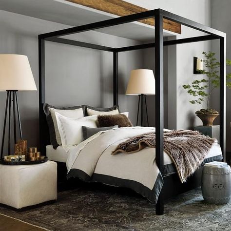 Keating Canopy Bed in Black Modern Canopy Bed, Four Post Bed, Post Bed, Four Poster Bed, Dekorasi Kamar Tidur, Linen Sheet Sets, Four Poster, Poster Bed, Canopy Bed