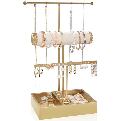 PRICES MAY VARY. 💟【𝐏𝐫𝐨𝐯𝐢𝐝𝐞𝐬 𝐄𝐱𝐜𝐞𝐩𝐭𝐢𝐨𝐧𝐚𝐥 𝐒𝐭𝐨𝐫𝐚𝐠𝐞】A jewelry organizer stand that you can use to display all your beautiful jewelry including your necklaces, bracelets, watches, earrings, rings and other accessories! 💟【𝟑 𝐓𝐢𝐞𝐫 𝐓-𝐛𝐚𝐫 𝐃𝐞𝐬𝐢𝐠𝐧】This jewelry holder organizer features 5 sections. Its 3 tier T-bar design is perfect for hanging jewelry and bracelets, and the wooden base is a great place to store rings, pins, brooches, and other small items. 💟【𝐏𝐫? Accessories Organizer Ideas, Organizer For Jewelry, Cute Jewelry Organizer, Gold Room Accessories, Jewlrey Organization, Cutesy Bedroom, Cute Jewelry Holder, Girls Jewelry Organization, Stand For Jewelry