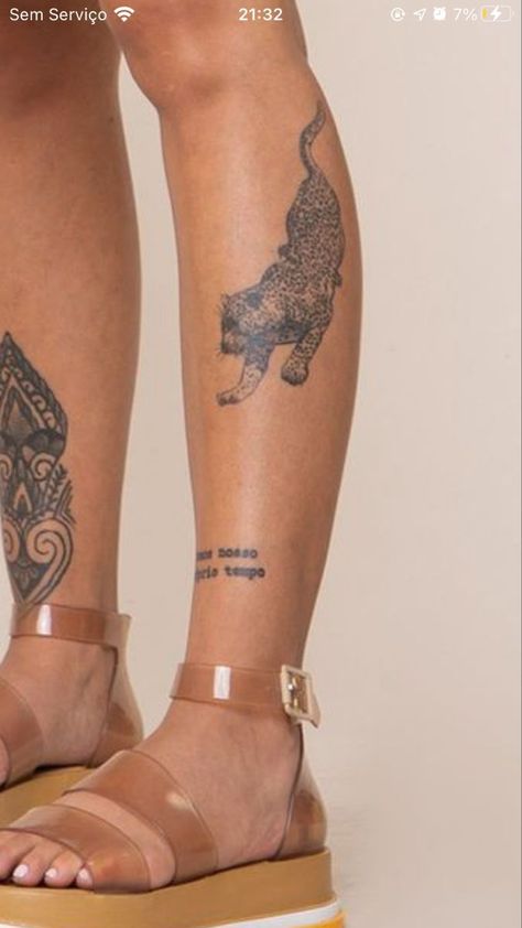 Jaguar Tattoo Leg, Leopard Leg Tattoo, Scattered Leg Tattoos, Jaguar Tattoo For Women, Small Leg Tattoo, Jaguar Tattoo, Small Dragon Tattoos, Line Tattoo Ideas, Leopard Tattoos