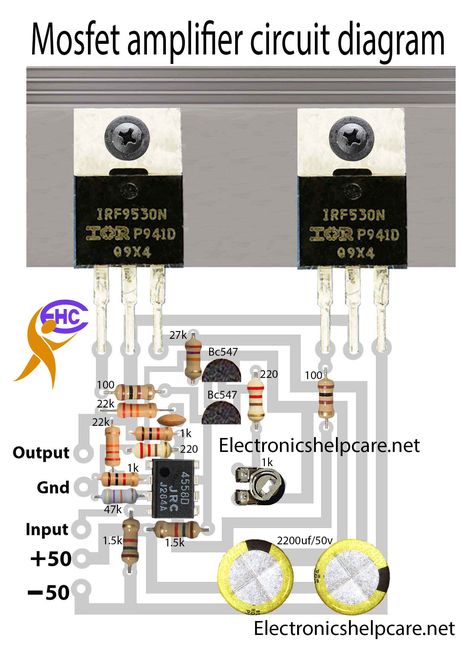 Mosfet Amplifier Circuit, Amplificador 12v, Amplifier Circuit Diagram, Simple Electronic Circuits, Amplifier Audio, Sound System Speakers, House Wiring, Electronic Circuit Projects, Electronic Circuit