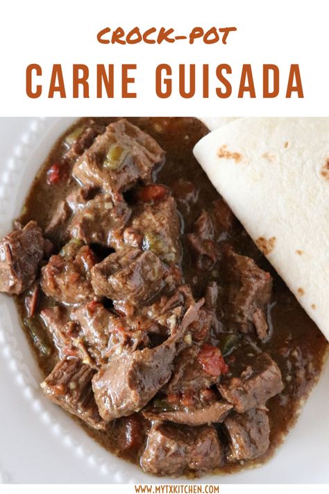 Make this Tex-Mex favorite at home with this easy recipe for Crock-Pot Carne Guisada! #crockpot #slowcooker #carneguisada #dinnerideas Easy Carne Guisada Recipe, Carne Guisada Recipe Mexican, Carne Guisada Recipe, Guisada Recipe, Crockpot Beef Stew, Stew Crockpot, Stew Beef, Crockpot Recipes Beef Stew, Crockpot Stew