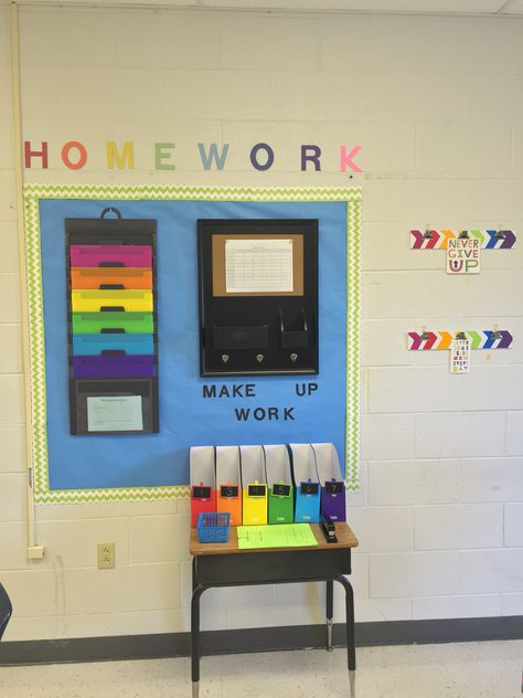 My class homework station for high school. Each class is assigned a color and uses that color to turn in/pick up assignments. Homework Turn In, Classroom Organization High School, Classroom Decor High School, Homework Station, High School Spanish, Classroom Decor Themes, High School Classroom, Crafts Videos, Education Motivation