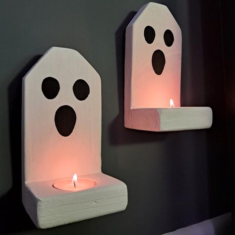 Cute Farmhouse Style Bright White Ghost Face Wood Tea Light Candle Holder Set of 2 Wall Mounted Halloween Rustic Cute Spooky Make your Farmhouse even more Spooky this Halloween with these super cute Ghost Tea Light Candle Holders.  These Candle Holders were made using Reclaimed Wood. They were hand painted using Bright White Paint and then a Ghost face was added.  Measuring 3.25 x 6.25 x 2.75, each Candle Holder holds 1 Tea Light Candle. (Included) Hangers were added for easy hanging.  These Woo Wood Decor To Sell, Cute Wood Projects For Room, Small 2x4 Projects Easy Diy, Ghost Wood Crafts, Diy Halloween Wood Projects, Halloween Wooden Decorations, Diy Halloween Wall Decor, Wood Halloween Crafts, Halloween Wood Projects