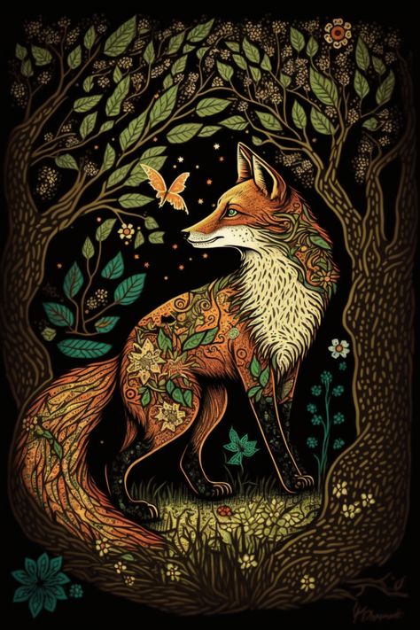 Celestial Fox Art, Forest Fox Art, Aesthetic Fox Drawing, Fall Fox Wallpaper, Pictures Of Foxes, Fox Art Illustration, Fox Illustration Art, Fox In Forest, Forest Animal Art