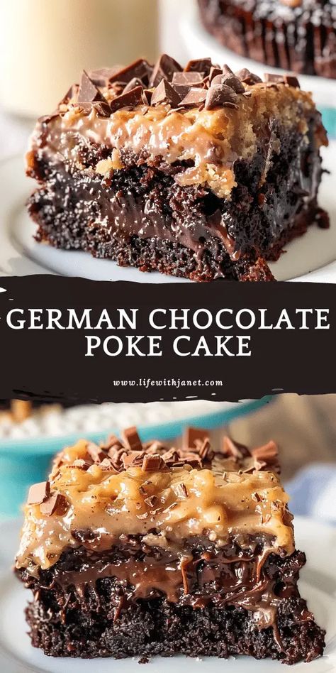 When I was a child, my grandma would make this recipe at every family gathering and it was the star of the show German Chocolate Poke Cake Easy, German Chocolate Poke Cake, Dump Desserts, Christmas Birthday Cake, Magical Food, Caramel Dessert, Food Authentic, Choc Cake, Chocolate Poke Cake