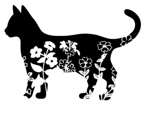 Cat Clip Art, Black And White Graphic, Floral Svg, Projets Cricut, Cat Svg, Image Svg, Floral Cat, Cat Silhouette, Cat Crafts