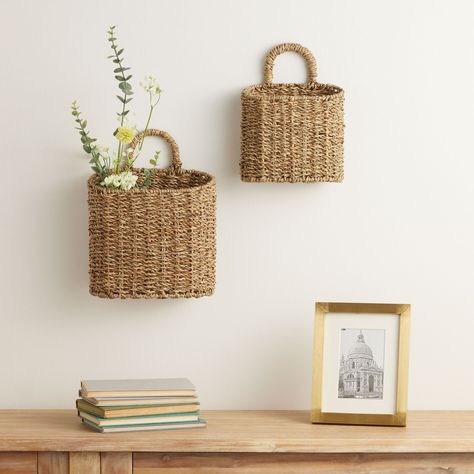 Trista Natural Seagrass Hanging Wall Basket - World Market Wall Basket Decor Ideas, Baskets Bathroom, Hanging Wall Baskets, Rugs Outdoor, Wall Baskets, Basket Wall Decor, Wall Basket, Nautical Home, Rattan Basket