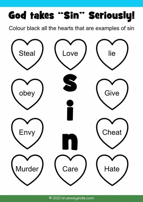 Want to teach kids about the different types of sin? Check out this Bible worksheet for kids 5-10 years old. It includes a list of sins, examples and a reflection activity. God Forgives Sin Craft, New Years Church Crafts For Kids, Sin Entered The World Activity, Religious Activities For Kids, Obedience Activities For Kids, Sin Object Lesson For Kids, Achan's Sin Craft For Kids, Sin Separates Us From God Craft, Bible Teaching For Kids