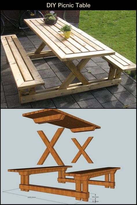 Build A Picnic Table, Diy Picnic, Diy Picnic Table, Picnic Table Plans, Wooden Picnic Tables, Table Picnic, Diy Patio Decor, Wood Lamp, Diy Holz