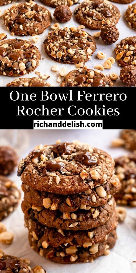 Hazelnut Christmas Cookies, Whole Hazelnut Recipes, Ferrero Rocher Cookies Recipe, Christmas Cookies Nutella, Hazel Nut Cookies, Hazelnut Chocolate Chip Cookies, Sweet Baking Ideas, Cookies With Toppings, Hazelnut Dessert Recipes