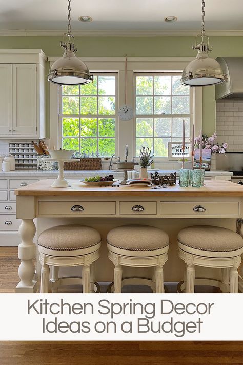 Kitchen Cabinet Top Decorating Ideas, Cabinet Top Decorating Ideas, Kitchen Spring Decor, Kitchen Island Decor Ideas, Butcher Block Kitchen Island, Top Kitchen Cabinets, Light Green Walls, Spring Decor Ideas, Kitchen Shelf Decor