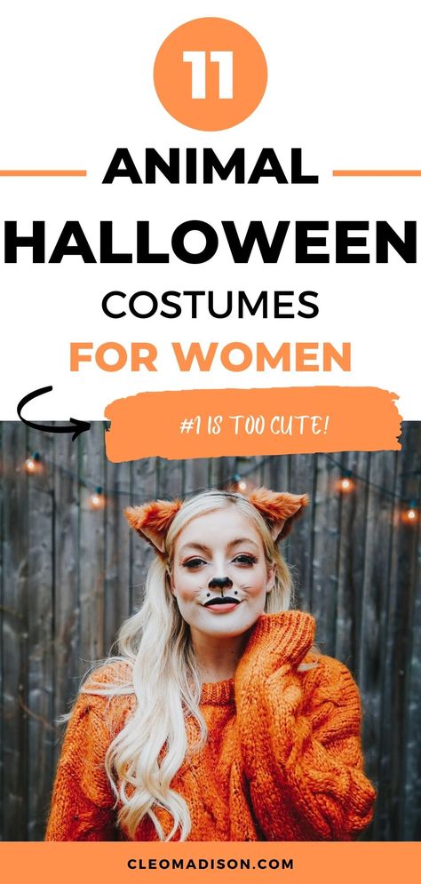 woman in front of fence Last Minute Animal Costumes Diy, Halloween Costumes At School, Diy Cat Costumes Women, Funny Animal Costumes For Adults, Dress Like An Animal Day Spirit Week, Dog Costumes For Adults For Women, Easy Tiger Costume, Diy Animal Costumes For Adults, Woodland Animal Costumes Women