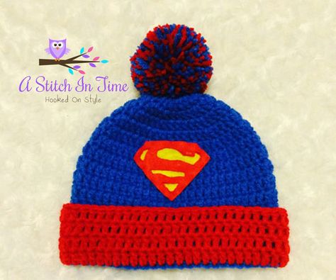 Superman Crochet Beanie/Hat with Trim and by astitchintime36 Superman Hat, Crochet Baby Hats Free Pattern, Crochet Baby Mittens, Crochet Hats For Boys, Crochet Character Hats, Crochet Kids Hats, Hat Patterns Free, Knitting Patterns Free Hats, Crocheted Hat