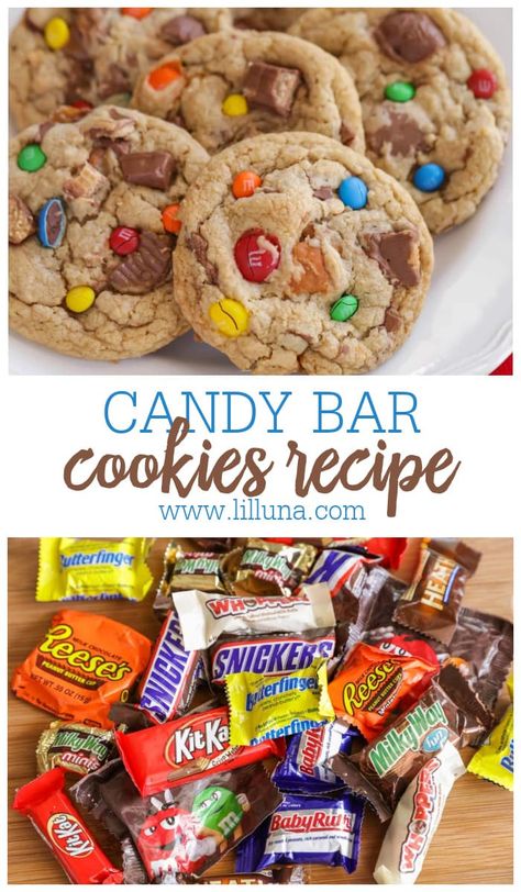 Chewy and delicious candy bar Cookies are filled with all different kinds of candy—perfect for helping get rid of leftover Halloween Candy! #candybarcookies #cookierecipes #cookies #dessert #halloweencandy Candy Cookies Recipes, Cookies 2023, Halloween Candy Recipes, Baking Therapy, Candy Bar Recipe, Halloween Candy Bar, Candy Bar Cookies, Leftover Candy, Leftover Halloween Candy