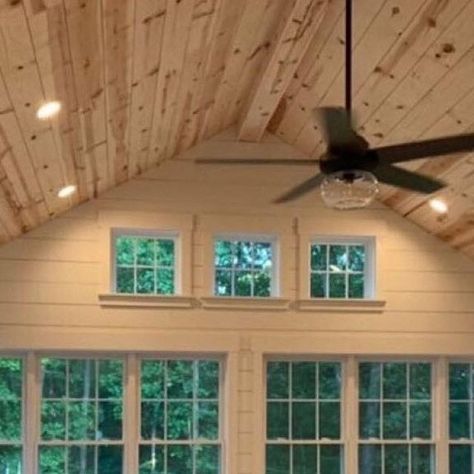 Kentucky Lumber on Instagram: "Scott’s installation of everything in this room was just incredible! From the shiplap walls to the knotty pine ceiling and the Ambrosia Maple floors, this space is perfection! What an honor to see our lumber used in this gorgeous sunroom! #ambrosiamaple #tongueandgrooveceiling #shiplapwalls #shiplap #sunroom #naturallight #woodwithcharacter #mapleflooring #proudofourcustomers #kentuckylumber" Pine Car Siding Ceiling, White Pine Ceiling Living Rooms, Vaulted Ceiling Living Room Tongue And Groove, Sunroom Shiplap Walls, High Ceiling Sunroom, Shiplap Ideas Farmhouse Style, Knotty Pine Ceiling Living Rooms, Natural Pine Ceiling, Pine Cathedral Ceiling