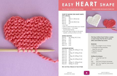 Free Knitted Heart Pattern, How To Knit A Heart, Knitted Hearts Pattern Free, Heart Knitting Pattern Free, Knitted Heart Pattern, Knit Heart, Knit Slippers Free Pattern, Studio Knit, Animal Knitting Patterns