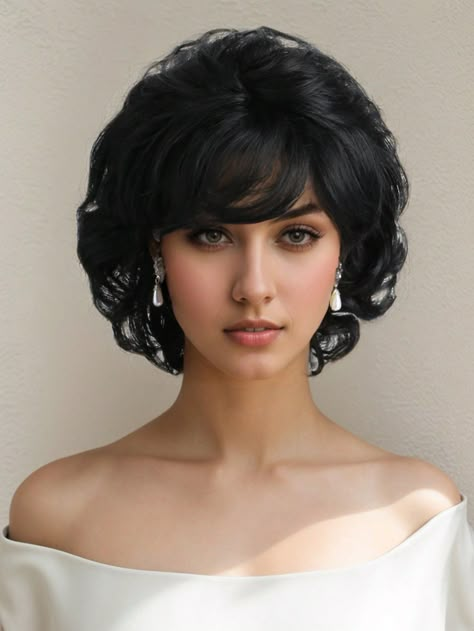 12-Inch Short Black Curly Hair Women's Fashionable Wig With Fluffy Side Bangs, Suitable For Daily Use Black    High Temperature Fiber  Bangs Wig   Wigs & Accs, size features are:Bust: ,Length: ,Sleeve Length: Corte Fluffy, Side Bangs Curly Hair, Cortes De Pelo Corto Mujer, Short Black Curly Hair, Witch Oc, Bangs Wig, Short Shag, Long Hair Wigs, Black Curly