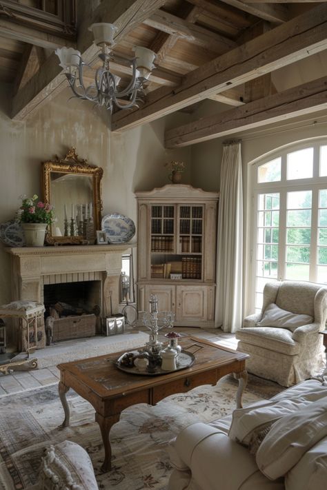 15 French Country Living Room Ideas That Will Make You Say “Ooh La La!” - DreamyHomeStyle French Country Rustic Bedroom, Country Glam Interior Design, French Country Ceiling Beams, European Interior Design Living Room, French Country Living Room Ideas, French Country Living Room Decor, French Cottage Living Room, Living Room French Country, Country Living Room Ideas