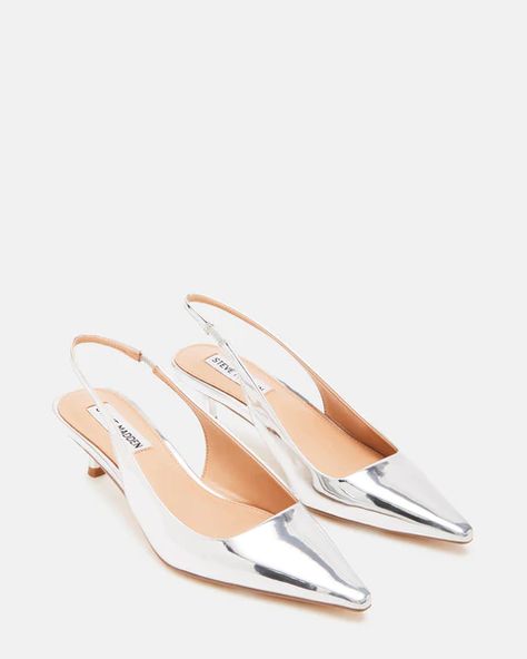 KARI Silver Slingback Point Toe Kitten Heel | Women's Heels – Steve Madden Kitty Heels Shoes, Steve Madden Kitten Heels, Silver Kitten Heels, Wedding Wardrobe, Feminine Shoes, Prom Inspo, Fashion Diary, Kitten Heel Shoes, Steve Madden Heels