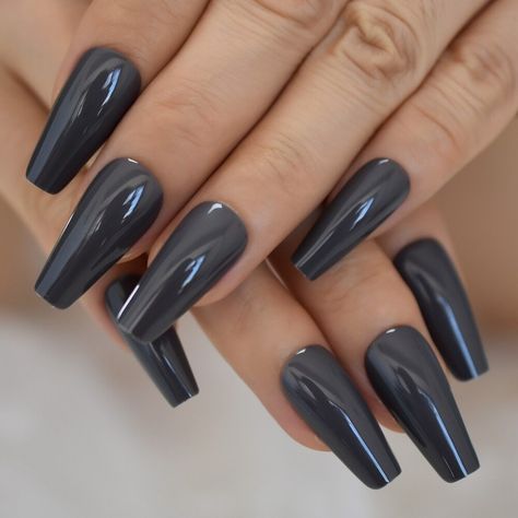 Dark Gray Acrylic Nails, Gray Acrylic Nails, Dark Grey Nails, Dark Color Nails, Grey Acrylic Nails, Dark Purple Nails, Maroon Nails, Short Coffin Nails, Coffin Press On Nails