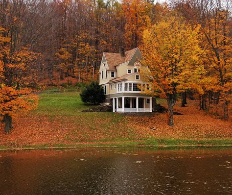 Autumn Lake House, Stamford, New York | original photographer information isn't confirmed but the closest I could get to was Flickr user richardm740 Autumn Lake, Autumn Scenery, Best Seasons, Orange And Yellow, Autumn Art, Autumn Aesthetic, My Dream Home, Future House, Curb Appeal