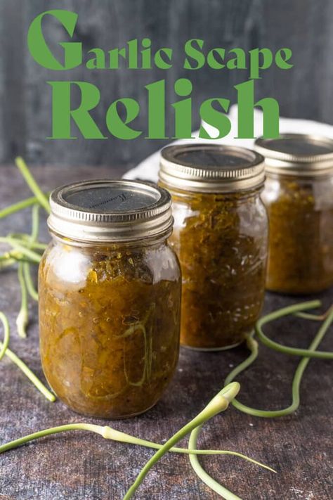 Garlic scape relish is incredibly easy and a great way to preserve lots of garlic scapes in one recipe. Great on burgers, hot dogs and more. Garlic Scapes Pickled, Cooking With Garlic Scapes, Recipes For Garlic Scapes, Preserving Garlic Scapes, Gourmet Canning Recipes, Pickled Garlic Scapes Recipes, Garlic Scape Relish, What To Do With Garlic Scapes, Garlic Scape Recipes