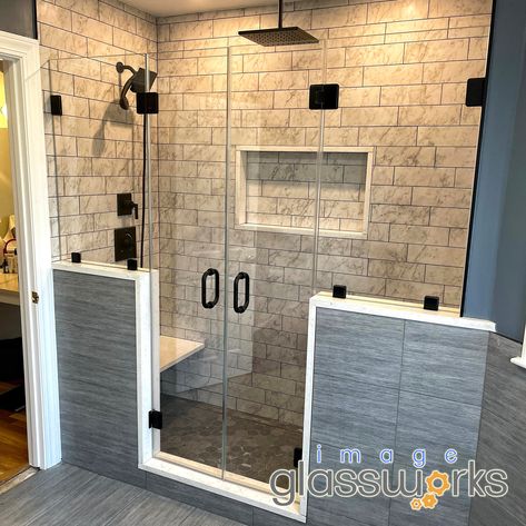 Double Shower Walk In Glass Doors, Double Shower Door Ideas, Tile Showers With Glass Doors, Walkin Shower Doors, Walk In Shower With Knee Wall, Double Wide Shower Remodel, Walk In Shower With Half Wall And Glass Door, Walk In Shower Sliding Glass Door, Double Pony Wall Shower Ideas