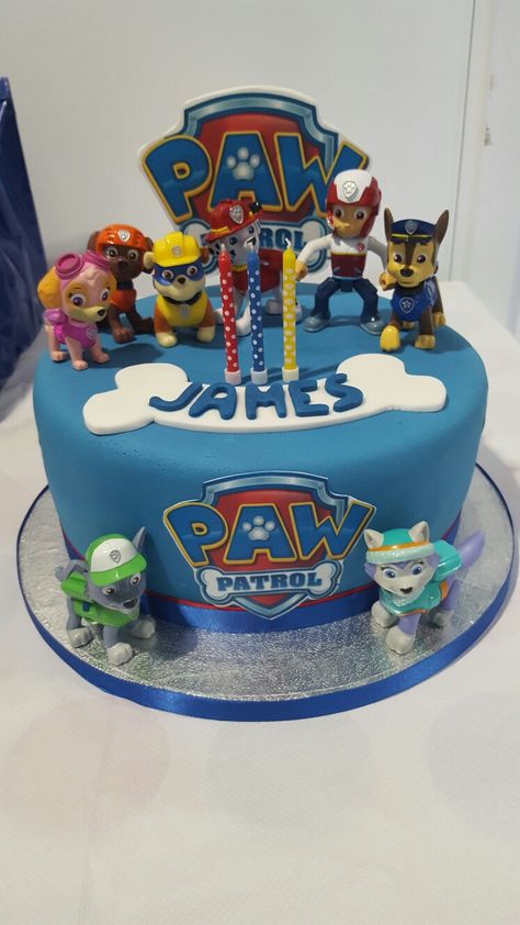 Paw Patrol cake. with the customers favourite toys. Paw Patrol Cake With Toys, Paw Patrol Dinosaur Cake, Torte Paw Patrol, 4th Birthday Paw Patrol, Paw Patrol Torte, Paw Patrol Birthday Ideas, First Bday Party Ideas, Paw Patrol Cakes, Fondant Torte