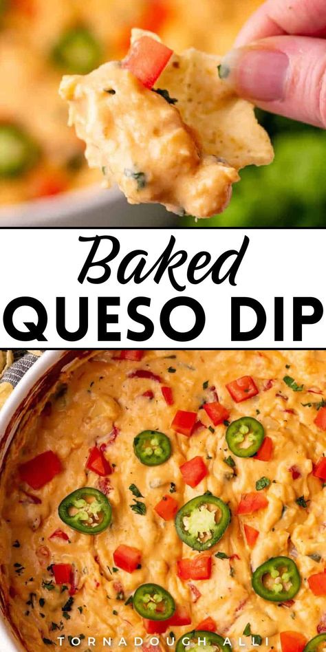 This Baked Queso Dip from Tornadough Alli is easy, fun, and absolutely delicious! It is the perfect appetizer for parties, get-togethers, or just because you’re craving something cheesy! You will love how easy this is as it all bakes up in one pan and you can really customize it to your liking. Save this recipe. Oven Queso Dip, Baked Queso Dip, Baked Queso, Queso Dip Recipe, Dip For Tortilla Chips, Queso Dip Recipes, Spicy Appetizers, Delicious Appetizer Recipes, Queso Dip