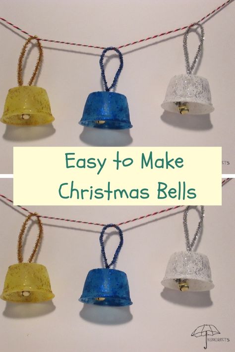 Bell Activities For Preschool, Recycled Christmas Decorations For Kids, Crafts With Bells, Christmas Recycled Crafts, Yogurt Cup Crafts, Bell Crafts For Kids, Christmas Bell Crafts, Recycled Crafts Kids Preschool, Bell Crafts