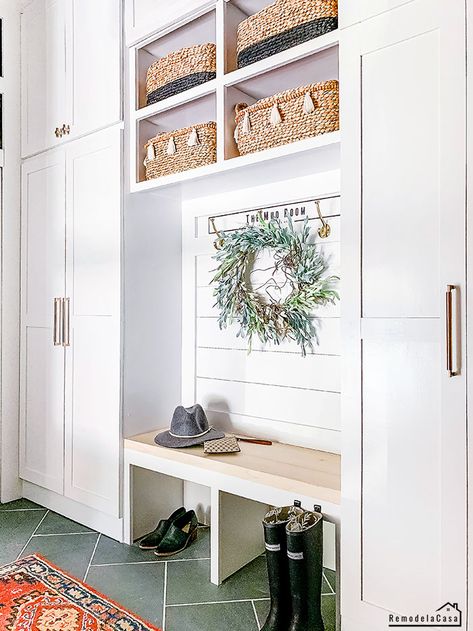 Garage Entry Mudroom, Mudroom Entryway Storage Cabinets, Diy Garage Mudroom Ideas, Carport Mudroom, Garage Mud Room Ideas, Narrow Mud Room, Garage Mudroom Ideas Diy, Mudroom In Garage, Garage Entryway Ideas