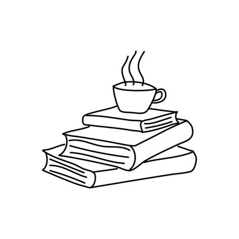 Book Line Art Drawing, Book And Coffee Drawing, Cute Book Doodles, Book Sketches Doodles, Book Doodles Easy, Books Doodle Art, Book Coffee Tattoo, Book Drawing Aesthetic, Guidebook Drawing