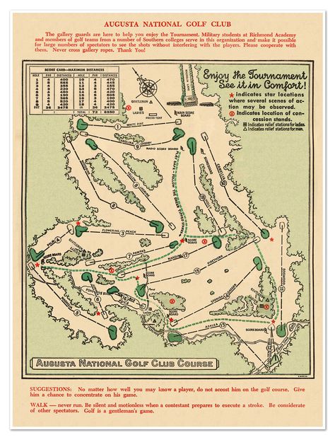 A rare map of the Augusta National Golf Course, prepared for the 1954 Masters Golf Tournament. This print is digitally remastered and professionally reprinted on tear proof & water resistant PolyPro™ paper using Epson inks. The original map distributed at Augusta in 1954 was 8 inches x 10 1/2 inches. For purists, we offer this size on canvas, but we offer enlarged versions, sized for standard frames, as well. All versions have a small, 1/8th of an inch (3mm) white framing border around the edge Vintage Golf Poster, Golf Wall Decor, Augusta Golf, Golf Decor, Augusta National Golf Club, Masters Golf, Golf Prints, Golf Art, Golf Design