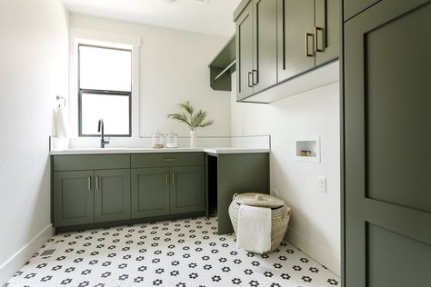 Rosemary — Lauren Smyth Laundry Room Black Floor, Laundry Flooring, Laundry Room Addition, Laundry Room Black, Transitional Laundry Room, Laundry Room Tile, Green Laundry, Basement Laundry Room, Laundry Cabinets